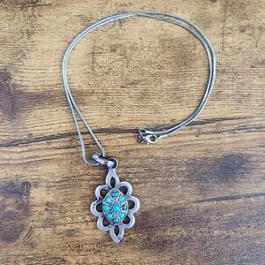 Flower Boho Pendant Necklace Silver and Turquoise
